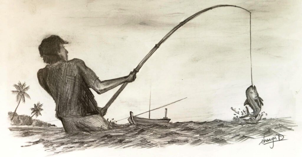 The illustration presents a special fishing technique used in Fuvahmulah, Maldives to land giant trevally.