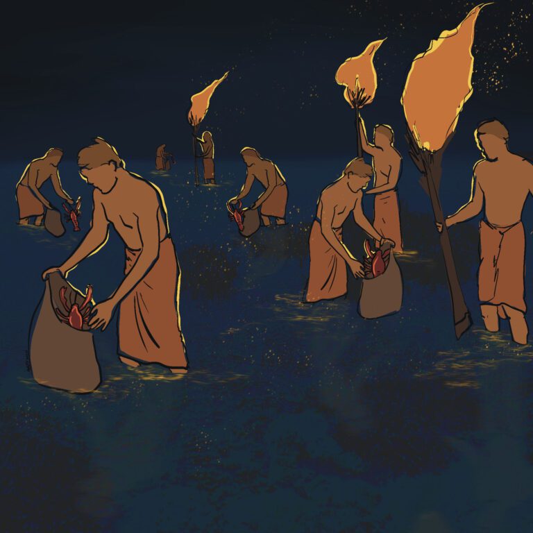 Artistic illustration showing how people caught lobsters using fire.