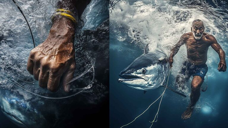 AI illustration of a fisherman fighting a yellowfin tuna in the sea.