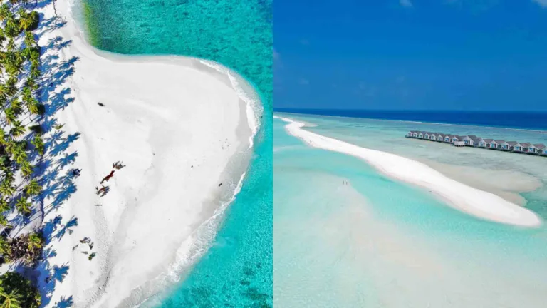 Side-by-side aerial view showing Fuvahmulah Thoondu Beach with its palm trees and white sand on the left, and Dhigura Island's long sandbar stretching through turquoise waters on the right.