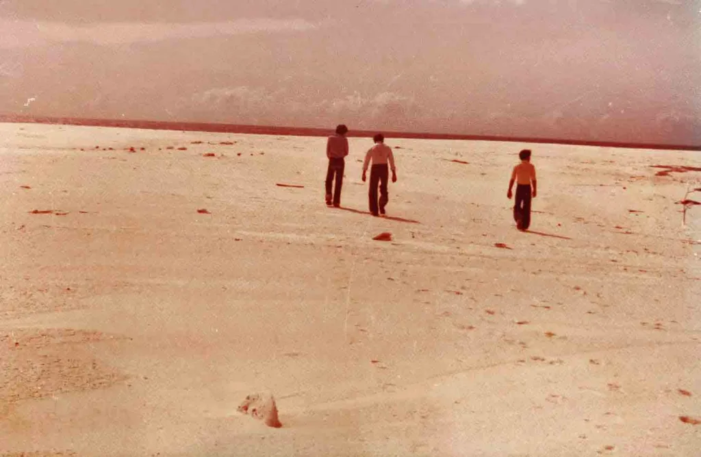 Historic view of the vast sandy expanse of Thoondu Beach in Fuvahmulah, Maldives, around 40 years ago.