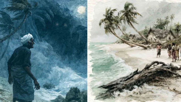Midjourney illustrations depicting the Beyri, a mysterious sea being from Maldivian folklore, emerging from the ocean and confronting an islander.
