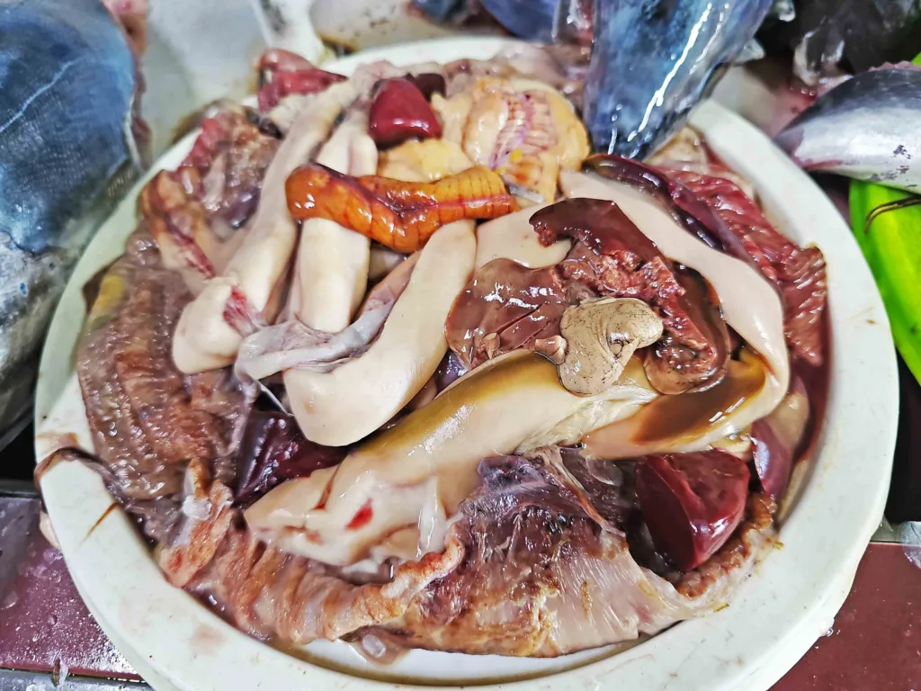 Fish roe, liver and other edible fish organs prepared for cooking in the Maldives.