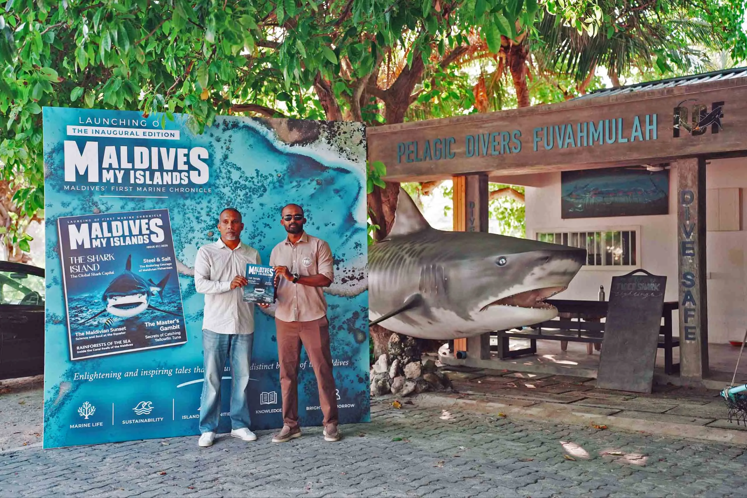 Ahmed Inah launches the inaugural edition of Maldives My Islands magazine at Pelagic Divers Fuvahmulah