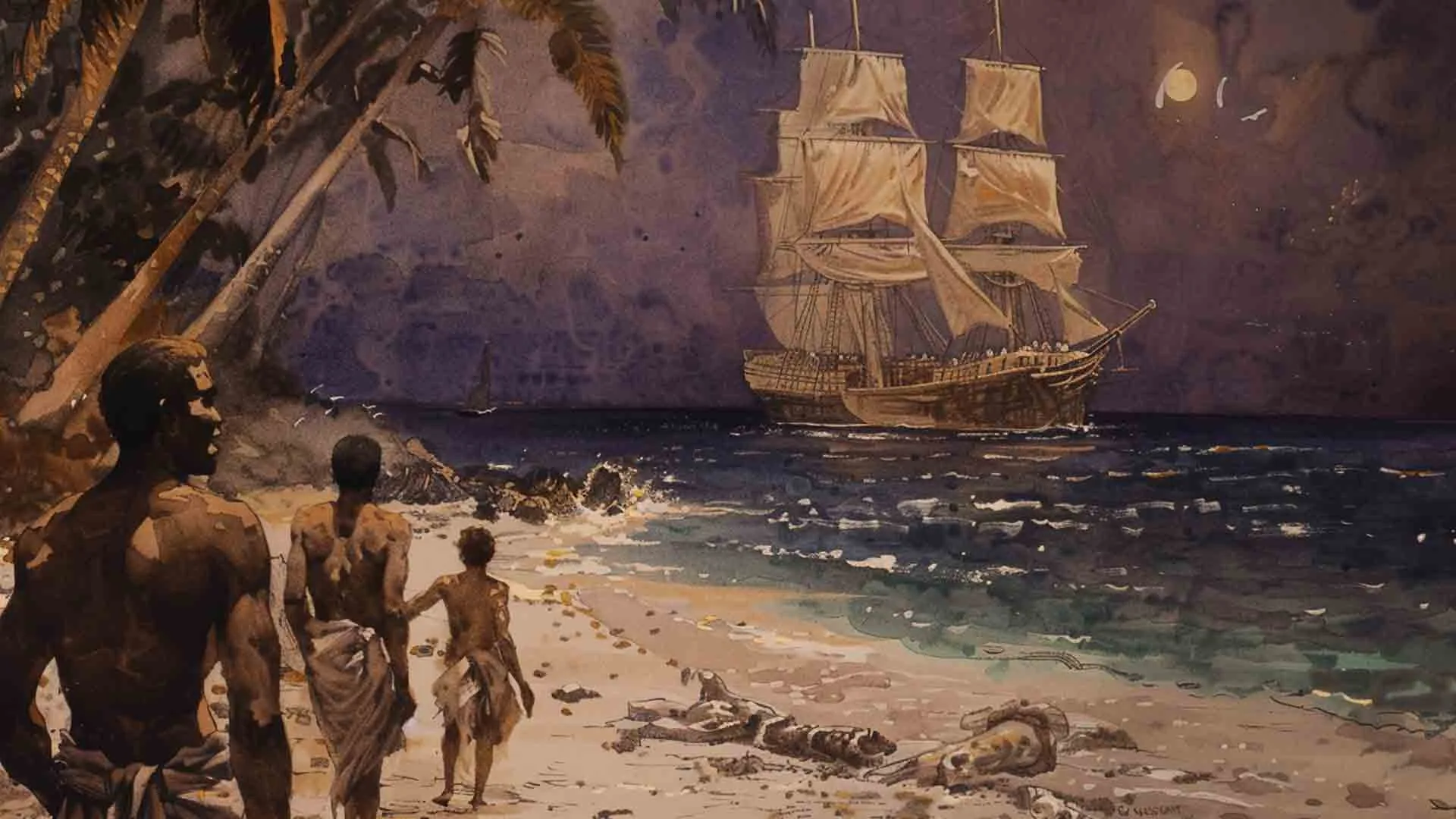 Pen and ink watercolor illustration of islanders on a beach watching a glowing phantom ship at twilight.