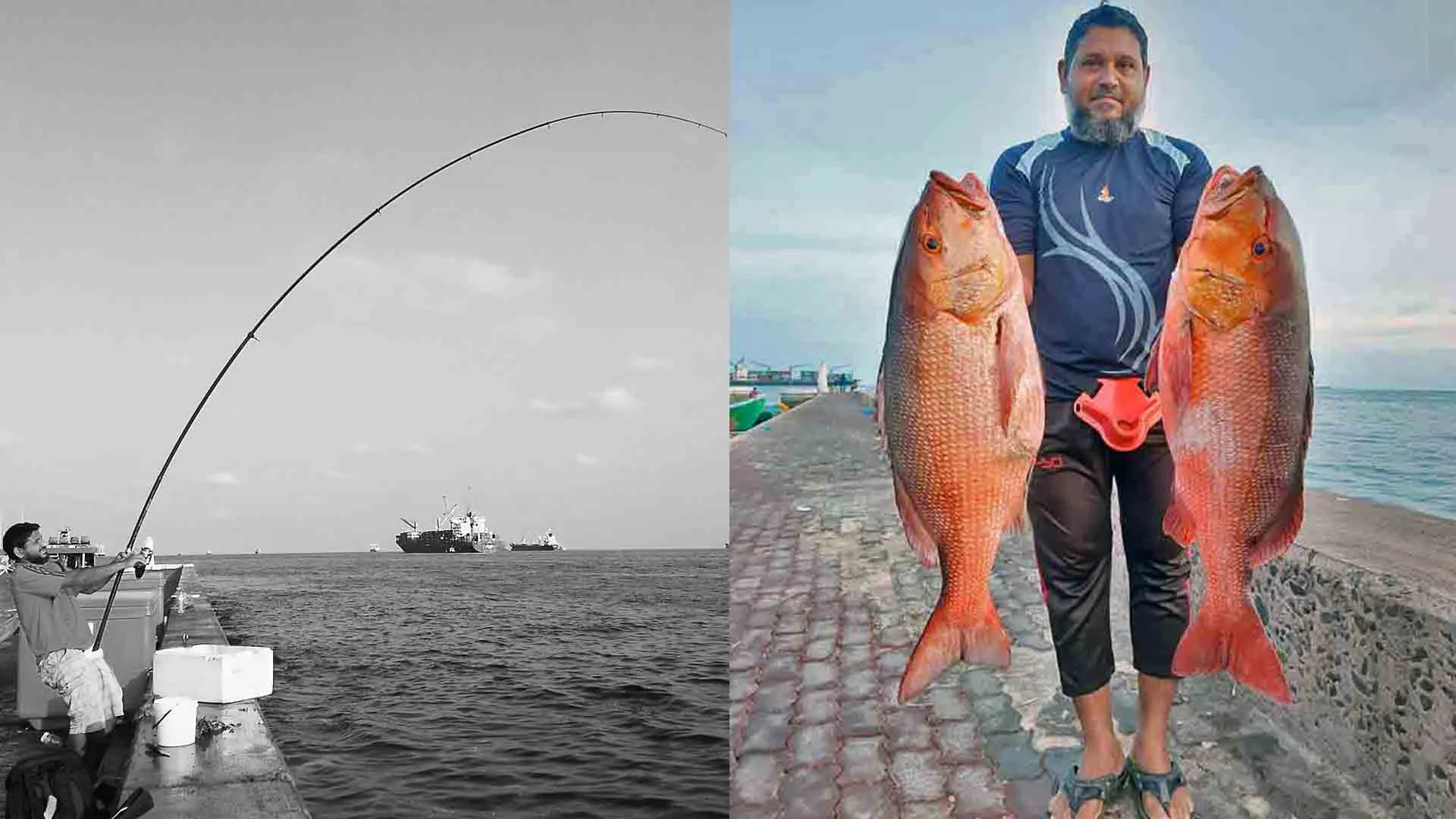 Two-photo collage showing a fisherman actively landing a Two-spot Red Snapper on the left and proudly holding the catch on the right.