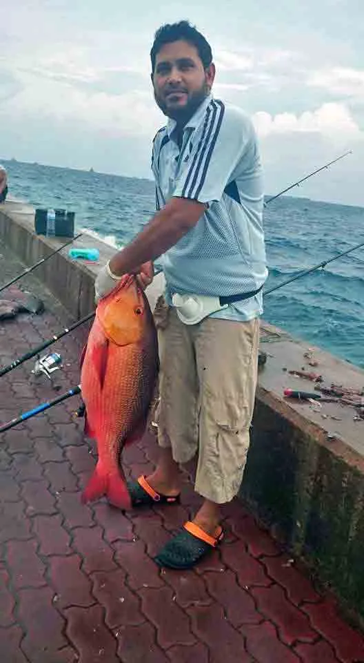 Niyaz holding a vibrant red two-spot snapper caught by shore fishing, with fishing rods lined along the sea wall in the Maldives.