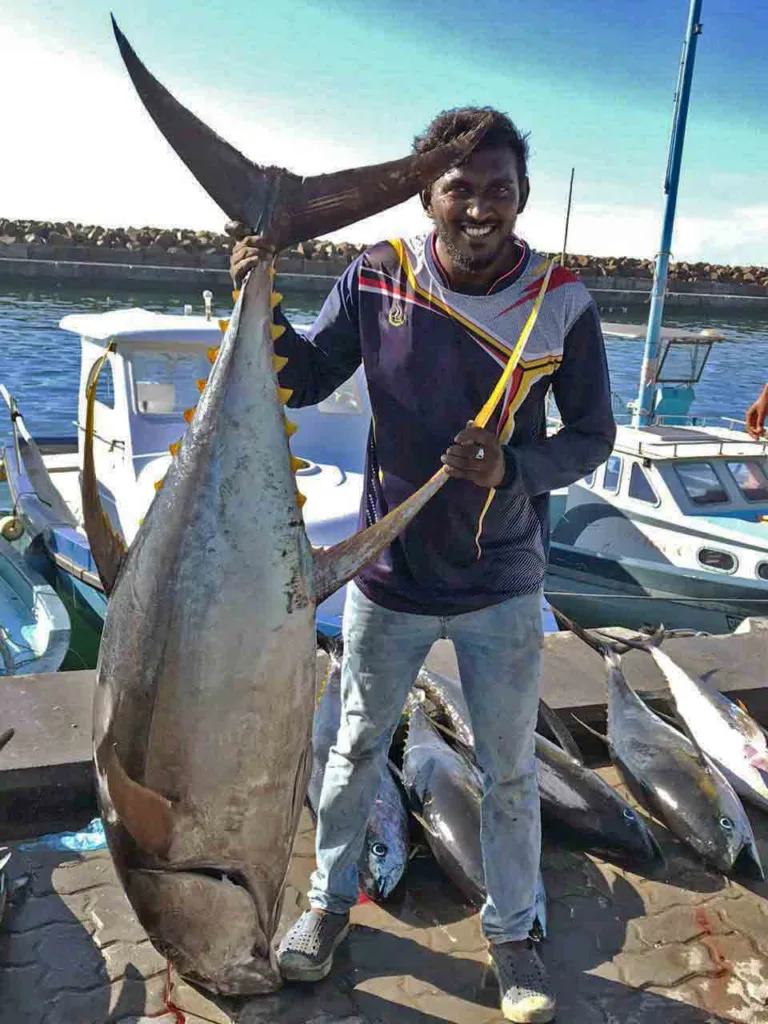 A young Maldivian angler holding up a massive yellowfin tuna by its tail at Fuvahmulah harbor, with fishing boats docked in the background and more tuna laid out on the quay.